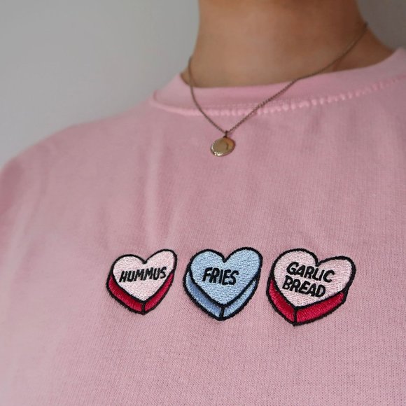 LOVEHEARTS Fries, Hummus & Garlic Bread Light Blue Retro Embroidered Sweater - Picture 11 of 11